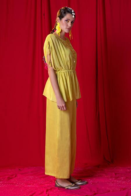 Enech_Yellow Georgette, Modal, Muslin Mirrors Shimmer Peplum Kaftan And Palazzo Set _Online_at_Aza_Fashions
