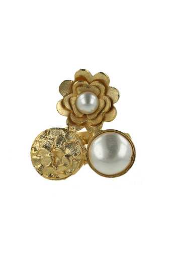 Ishhaara_Gold Plated Pearls, Stones Trio Floral Shaped Ring _Online_at_Aza_Fashions