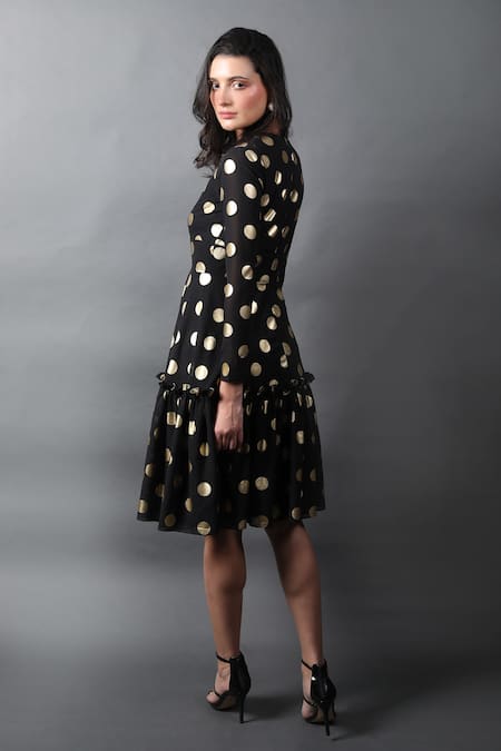 Swatee Singh Black Georgette High Neck Polka Dot Print Flared Dress Online at Aza Fashions Swatee Singh_Black Georgette High Neck Polka Dot Print Flared Dress _Online_at_Aza_Fashions