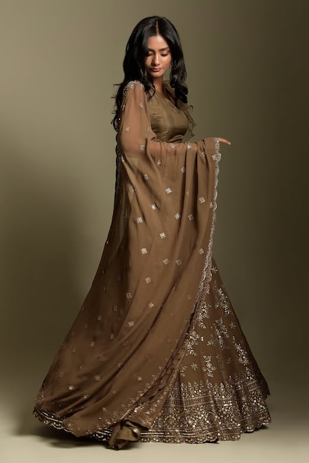 Two Sisters By Gyans Brown Georgette, Blouse Organza Sequin And Resham Thread Embroidered Lehenga Set Online at Aza Fashions Two Sisters By Gyans_Brown Georgette, Blouse Organza Sequin And Resham Thread Embroidered Lehenga Set_Online_at_Aza_Fashions