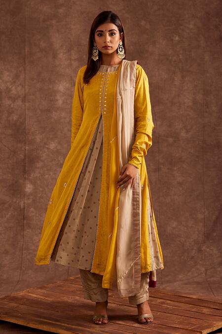 The Home Affair Yellow Chiffon Embroidery, Gota Patti Round Neck Contrast Jacket Kurta Set Online at Aza Fashions The Home Affair_Yellow Chiffon Embroidery, Gota Patti Round Neck Contrast Jacket Kurta Set _Online_at_Aza_Fashions