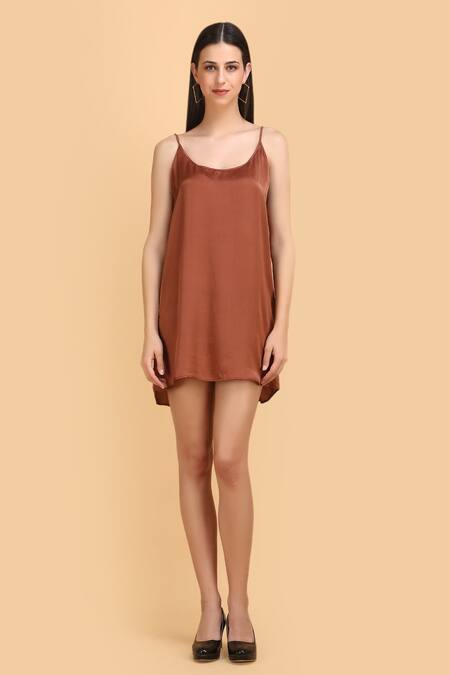 Label Ivish_Brown Silk Scoop Neck Slip Dress _Online_at_Aza_Fashions