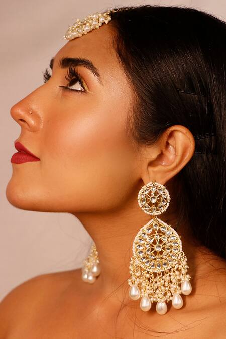 Ishhaara Gold Plated Pearls, Stones Floral Kundan And Drop Chandbali Earrings at Aza Fashions Ishhaara_Gold Plated Pearls, Stones Floral Kundan And Drop Chandbali Earrings _at_Aza_Fashions
