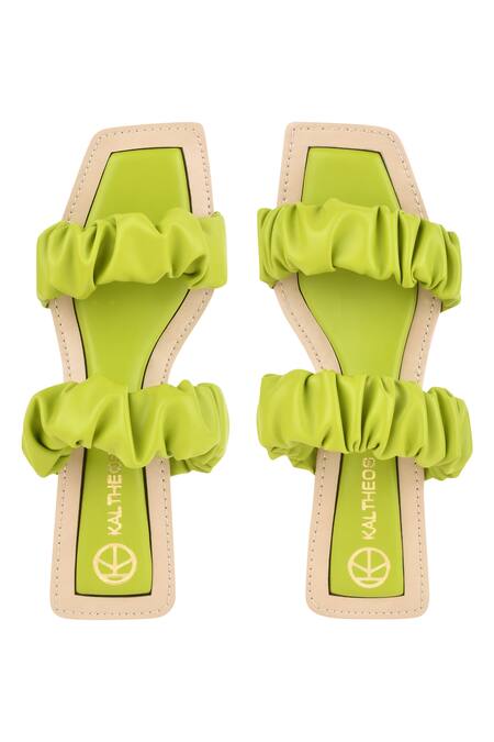 Kaltheos Green Plain Maureen Square Toe Ruffle Strap Block Heels Online at Aza Fashions Kaltheos_Green Plain Maureen Square Toe Ruffle Strap Block Heels_Online_at_Aza_Fashions