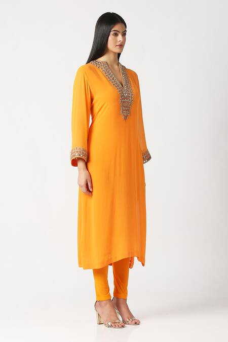 Labbada_Yellow Viscose Georgette Hand Embroidered Marodi V Neck Yoke Kurta Set_Online_at_Aza_Fashions