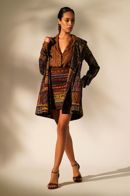 Nikita Mhaisalkar Multi Color Georgette Sequins, Embroidery Open Neck Abstract Print Trench Coat Online at Aza Fashions Nikita Mhaisalkar_Multi Color Georgette Sequins, Embroidery Open Neck Abstract Print Trench Coat _Online_at_Aza_Fashions