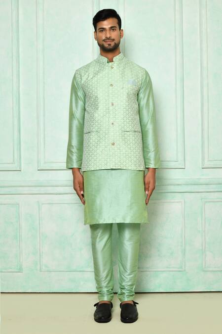 Arihant Rai Sinha_Green Kurta Silk And Pyjama Cotton Embroidery Thread Bundi & Set_Online_at_Aza_Fashions