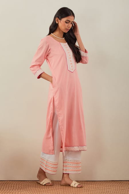 The Indian Cause_Peach Cotton Embroidery, Sequins Round Neck Rozana Placket Kurta _Online_at_Aza_Fashions