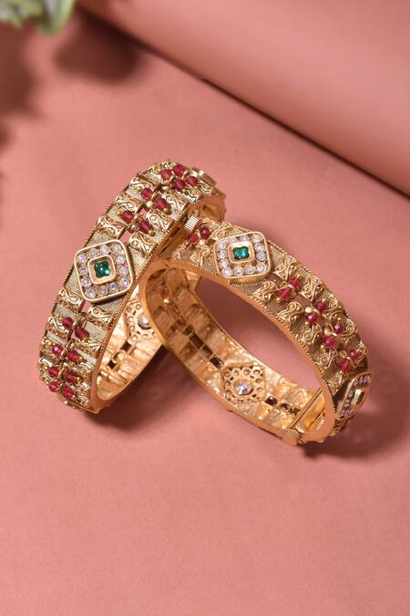 Swabhimann_Multi Color Stones Gold Embellished Bangles_Online_at_Aza_Fashions