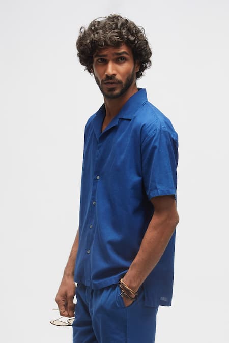 Terra Luna_Blue 100% Organic Handloom Oxford Cotton Solid Camp Collar Shirt_Online_at_Aza_Fashions