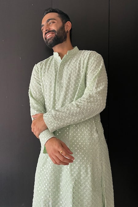 Hilo Design_Green Georgette, Silk Mirrors Embroidered Kurta And Patiala Set _Online_at_Aza_Fashions