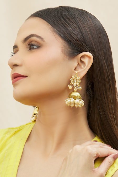 Kista Gold Plated Pearl, Stone Floral Shaped Jhumkas Online at Aza Fashions Kista_Gold Plated Pearl, Stone Floral Shaped Jhumkas_Online_at_Aza_Fashions