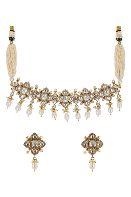 Ishhaara Gold Plated Beads Floral Kundan Stone Embellished Choker Necklace Set Online at Aza Fashions Ishhaara_Gold Plated Beads Floral Kundan Stone Embellished Choker Necklace Set _Online_at_Aza_Fashions