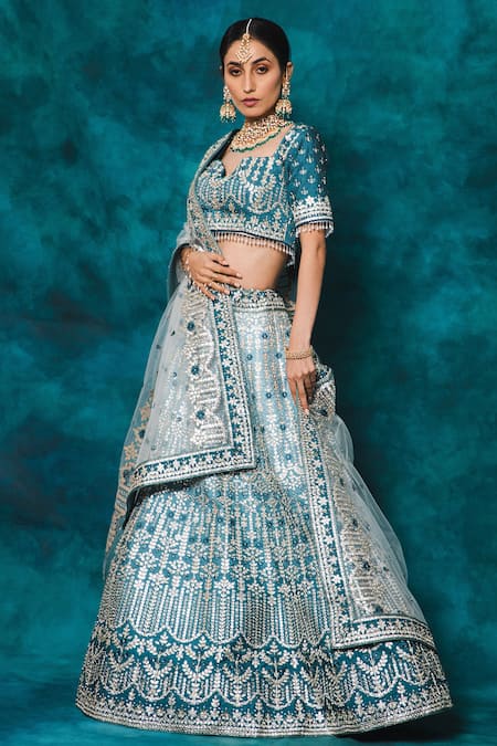 Mehar_Blue Silk, Chiffon Embroidery, Gota Patti And Resham Bridal Lehenga Set _Online_at_Aza_Fashions