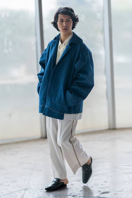 Leh Studios_Blue Cotton Embroidery Shell Denim Jacket_Online_at_Aza_Fashions