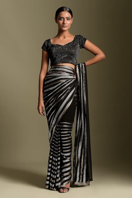 Two Sisters By Gyans Black Blouse Satin, Saree Georgette Sequin And Stones Metallic Work With Online at Aza Fashions Two Sisters By Gyans_Black Blouse Satin, Saree Georgette Sequin And Stones Metallic Work With _Online_at_Aza_Fashions