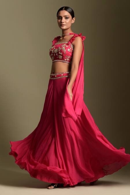 Two Sisters By Gyans Fuchsia Chiffon, Bustier Crepe Sequin And Mirror Embroidered Flared Pant Set Online at Aza Fashions Two Sisters By Gyans_Fuchsia Chiffon, Bustier Crepe Sequin And Mirror Embroidered Flared Pant Set _Online_at_Aza_Fashions