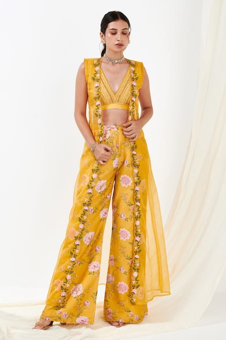 Label Flamingo By Vrinda Yellow Organza, Cotton, Silk Embroidery V-neck, Floral Sheer Cape Sharara Set Online at Aza Fashions Label Flamingo By Vrinda_Yellow Organza, Cotton, Silk Embroidery V-neck, Floral Sheer Cape Sharara Set _Online_at_Aza_Fashions
