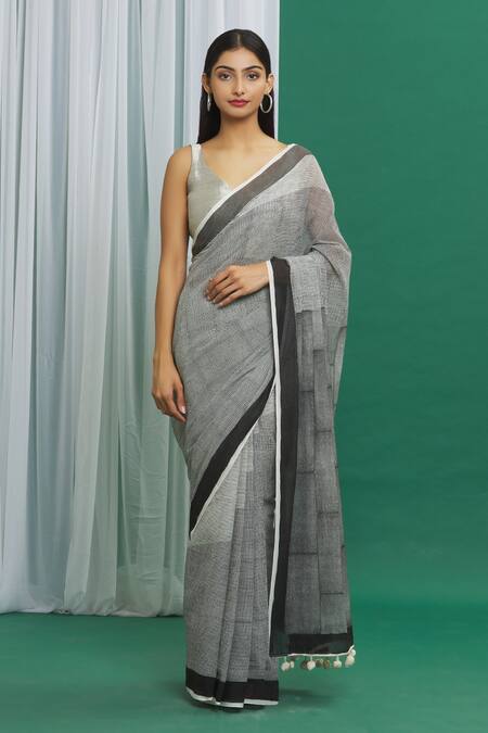 Banana Labs_Black Cotton Printed Hand Block Handcrafted Saree_Online_at_Aza_Fashions