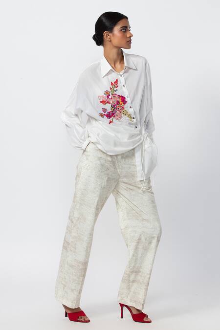 Saaksha & Kinni_White Cotton Mirrors, Embroidery Collared Hand Shirt_Online_at_Aza_Fashions