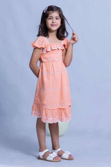 Littlecheer_Pink Cotton, Voile Embroidery Floral Pattern Schiffli Dress _Online_at_Aza_Fashions