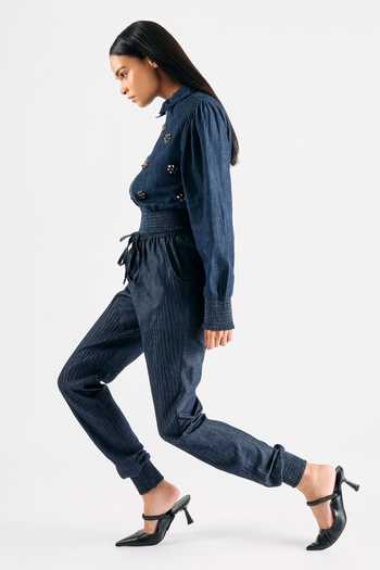 Mellowdrama Blue Tencel, Denim Collared Embellished Jacket And Pant Set Online at Aza Fashions Mellowdrama_Blue Tencel, Denim Collared Embellished Jacket And Pant Set_Online_at_Aza_Fashions