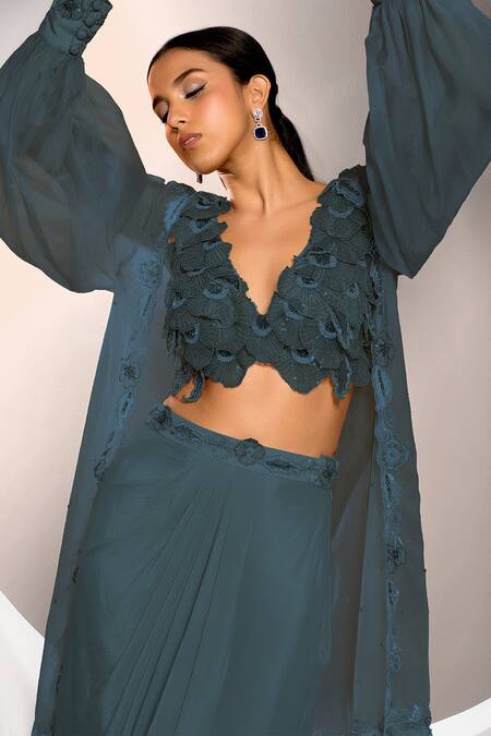 Jade By Ashima Blue Organza, Crepe Embroidery, Tassels, Floral Blouse And Draped Skirt Set Online at Aza Fashions Jade By Ashima_Blue Organza, Crepe Embroidery, Tassels, Floral Blouse And Draped Skirt Set _Online_at_Aza_Fashions