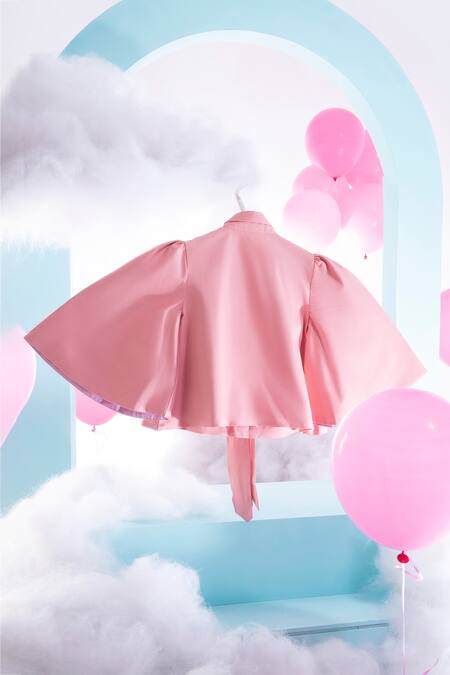 Little Luxury_Pink Cotton Satin Embroidery Bird And Rainbow Box Pleated Cape Jacket  _Online_at_Aza_Fashions