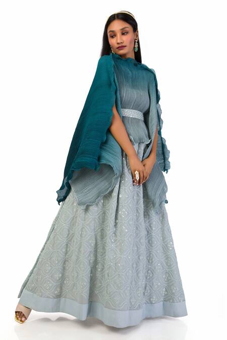 Meghna Shah_Blue Chiffon, Georgette Sequins, Embroidery Boat Textured Kaftan Top And Skirt Set_Online_at_Aza_Fashions