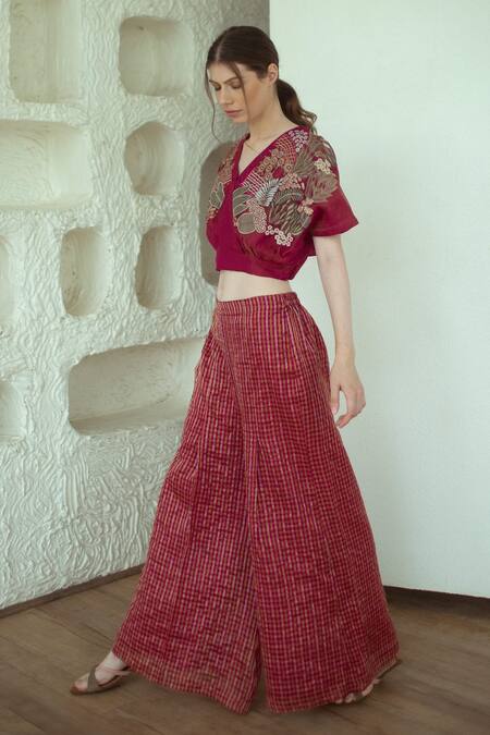 Oja_Pink Handloom Silk Applique V Neck Embroidered Top With Flared Pant _Online_at_Aza_Fashions