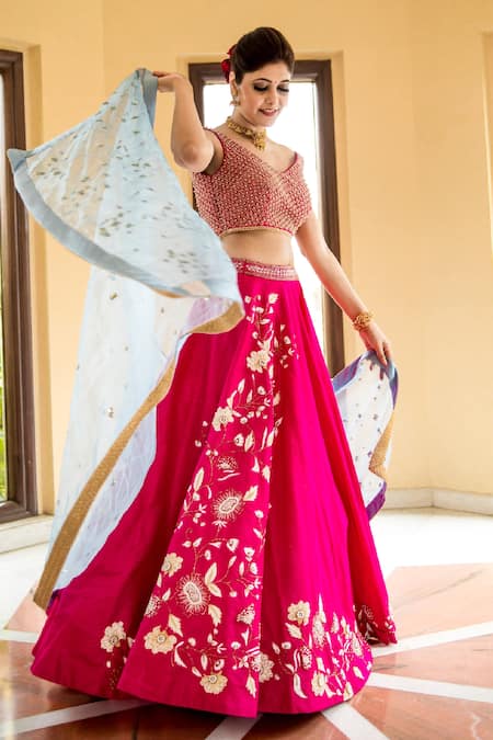 Kanj By Priyanka A Sakhuja_Magenta Raw Silk Dori, Pearl And Cutdana Work V Zairah Embroidered Lehenga Set _Online_at_Aza_Fashions