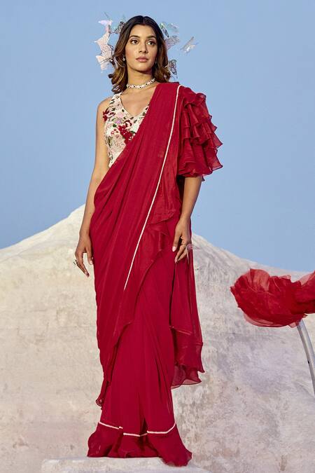 Nikita Vishakha_Red Organza, Georgette, Jacquard Embroidery V-neck Hand Saree With Blouse _Online_at_Aza_Fashions