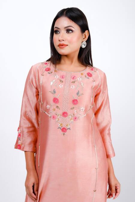 Geetika Jain_Pink Chanderi, Silk, Organza Sequins, Cut Work, Embroidery Round Dana Kurta Set_Online_at_Aza_Fashions