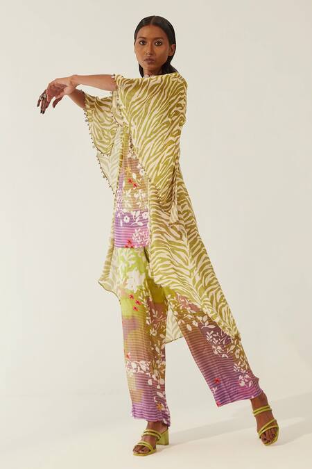 Amka Green Crepe, Chiffon Embroidery V-neck Nikafika Leopard Print Cape Tunic Set Online at Aza Fashions Amka_Green Crepe, Chiffon Embroidery V-neck Nikafika Leopard Print Cape Tunic Set_Online_at_Aza_Fashions