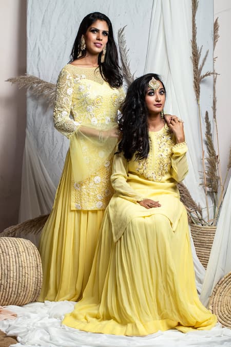 Kanj By Priyanka A Sakhuja Yellow Georgette Sequin, Thread And Cutdana Work Miyar Embroidered Layered Kurta Online at Aza Fashions Kanj By Priyanka A Sakhuja_Yellow Georgette Sequin, Thread And Cutdana Work Miyar Embroidered Layered Kurta _Online_at_Aza_Fashions
