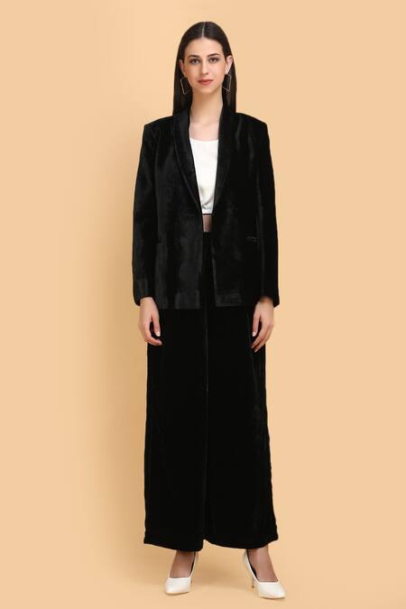Label Ivish_Black , Velvet, Satin Round Neck Blazer Flared Trouser Set _Online_at_Aza_Fashions