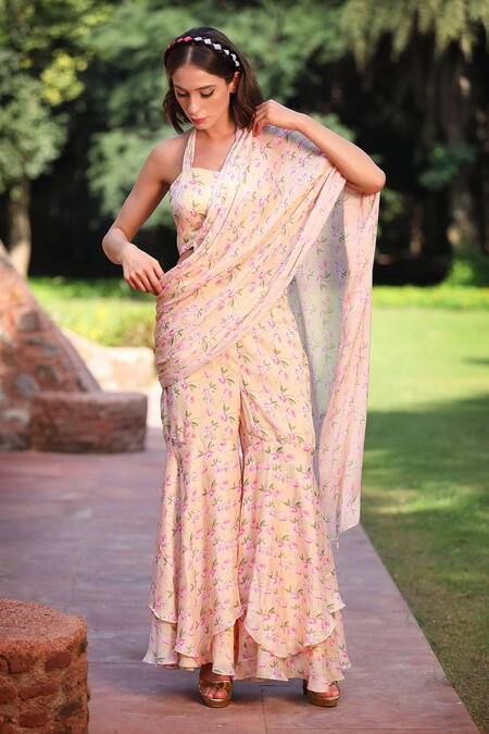 Tarini Vij_Yellow Bemberg Georgette Floral Halter Printed Sharara Saree With Neck Blouse_Online_at_Aza_Fashions