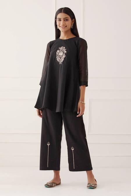 Buy_Kamaltaas_Black Chanderi Silk, Satin, Embroidery A-line Kurta And Pant Set _Online_at_Aza_Fashions