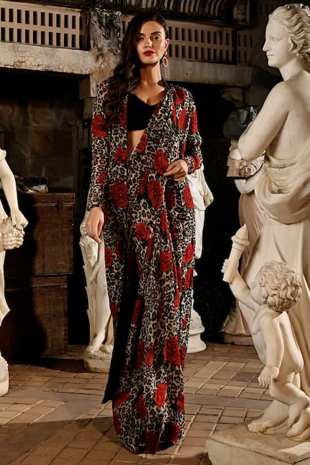 Sanam_Multi Color Silk, Organza V-neck, Open Marie Floral Pattern Jacket Saree Set _Online_at_Aza_Fashions