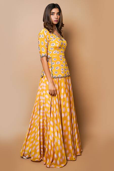 Ahi Clothing_Yellow Crepe Embroidery, Zari, Cut Work Geometric Print Short Kurta Lehenga Set_Online_at_Aza_Fashions
