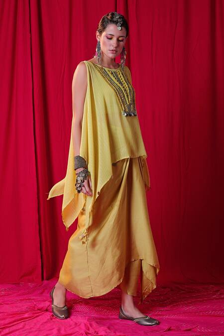 Enech_Yellow Georgette, Muslin, Modal Mirrors Shimmer Kimono Cape And Draped Skirt Set _Online_at_Aza_Fashions