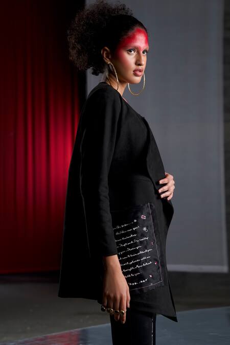 Pocketful Of Cherrie Black Suede Embroidery Lapel Collar Coat Online at Aza Fashions Pocketful Of Cherrie_Black Suede Embroidery Lapel Collar Coat_Online_at_Aza_Fashions