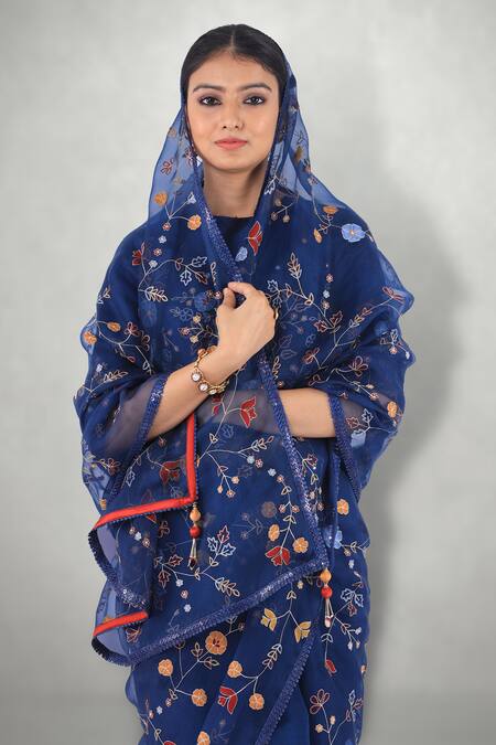 Shop I Am Design Blue Raw , Organza Aari Crew Neck Embroidered Saree With Blouse Online at Aza Fashions Shop_I Am Design_Blue Raw , Organza Aari Crew Neck Embroidered Saree With Blouse _Online_at_Aza_Fashions