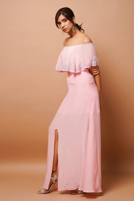 Ahi Clothing_Pink Crepe Zari, Cut Work Off-shoulder Off Embroidered Top And Draped Skirt Set _Online_at_Aza_Fashions