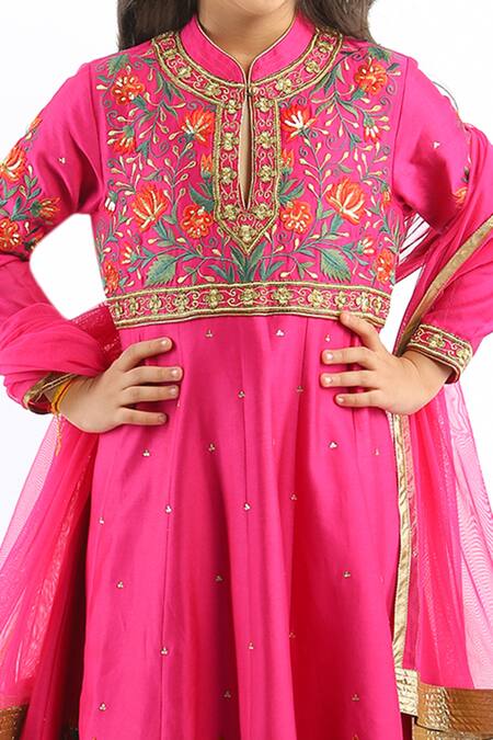 Bal Bachche By Rohit Bal_Fuchsia Chanderi Embroidered Floral Anarkali Set_Online_at_Aza_Fashions