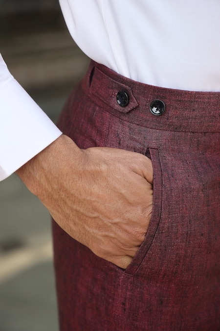Raw & Rustic By Niti Bothra_Wine Linen Handcrafted Solid Straight Pant_Online_at_Aza_Fashions