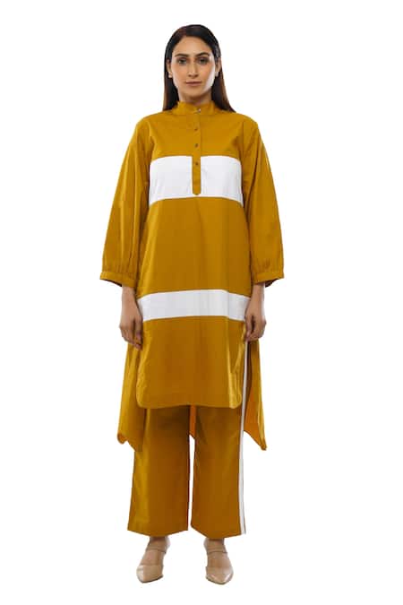 Khat Yellow Poplin, Cotton Mandarin Collar Panelled Mustard Dress And Pant Set Online at Aza Fashions Khat_Yellow Poplin, Cotton Mandarin Collar Panelled Mustard Dress And Pant Set _Online_at_Aza_Fashions