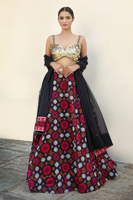 Neha Khullar_Blue Net, Lycra Sequins Navy Pre-draped Saree And Embroidered Blouse For Kids_Online_at_Aza_Fashions