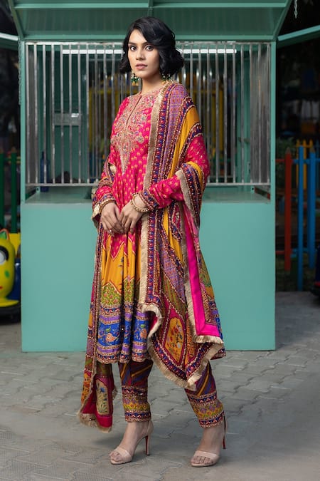 Irrau By Samir Mantri Multi Color Chiffon, Silk, Denim Embroidery, Tassels, Flower Print Anarkali Set Online at Aza Fashions Irrau By Samir Mantri_Multi Color Chiffon, Silk, Denim Embroidery, Tassels, Flower Print Anarkali Set _Online_at_Aza_Fashions