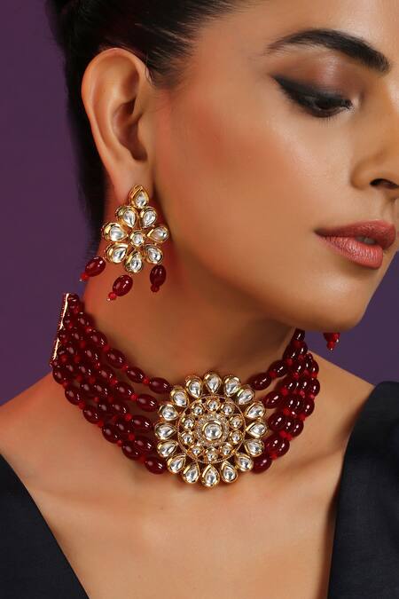 Swabhimann_Red Beads Kundan Embellished Choker Set _Online_at_Aza_Fashions